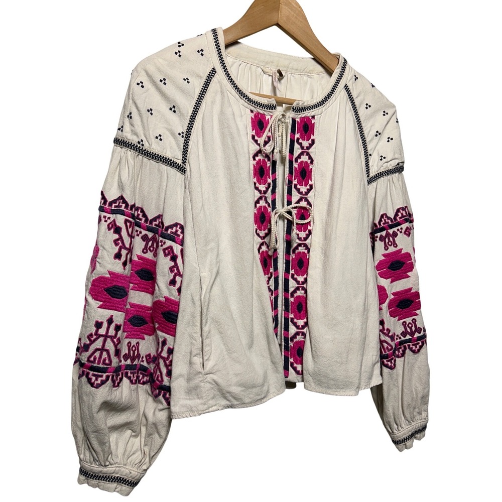 Free People Embroidered Boho Peasant Jacket Ivory Pink Navy Tie Front Size Small